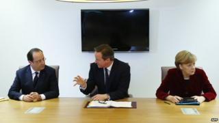 Francois Hollande, David Cameron and Angela Merkel 6 March