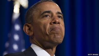 US President Barack Obama pauses during a speech on NSA surveillance on 17 January, 2014.