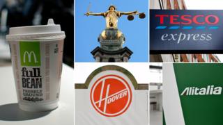 (Clockwise from left): McDonalds cup; scales of justice; Tesco Express sign; Alitalia sign; Hoover logo