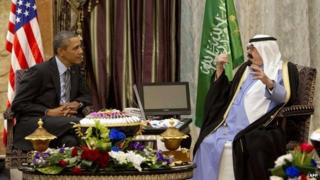 Barack Obama (L) meets Saudi King Abdullah (R) at Rawdat Khurayim, the monarch's desert camp, on March 28