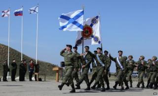 Russian marines marching at their base in Sevastopol in Crimea (24 March)