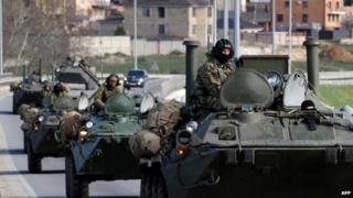 Russian armoured vehicles on the road between Simferopol and Sevastopol in Crimea - 17 March 2014