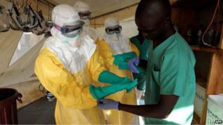 Health workers in isolation ward, southern Guinea (1 April) 2014