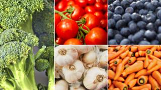 Various images of broccoli, tomatoes, blueberries, carrots and garlic