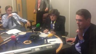 Ben Wright, Christofer Fjellner, and Ana Gomes watch the Clegg-Farage debate