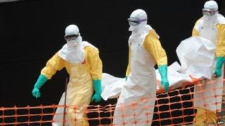 Staff of the "Doctors without Borders" ("Medecins Sans Frontieres") medical aid organisation carry the body of a person killed by viral haemorrhagic fever, at a centre for victims of the Ebola virus in Guekedou, on 1 April 2014