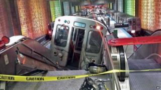 The Chicago Transit Authority train carriage rests on an escalator at O'Hare Airport station (24 March 2014)
