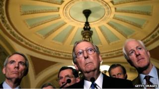 Senate Minority Leader Mitch McConnell (centre) appeared in Washington DC on 11 March 2014
