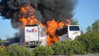 Flames engulfed a tractor-trailer and a tour bus near Orland, California, on 10 April 2014