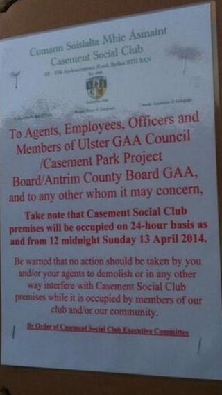 A poster at Casement Park Social Club indicates a sit-in is taking place