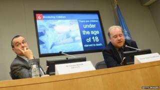 (L-R) UN representative from France Gerard Araud, and forensic pathologist Dr Stuart Hamilton give a report on the allegations of torture in Syria at the United Nations on 15 April 2014 in New York City.