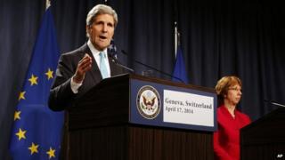 US Secretary of State John Kerry, with European Union High Representative Catherine Ashton, speaks to the media in Geneva