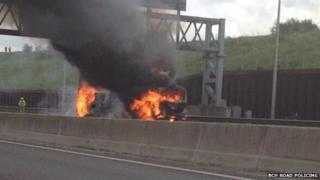 Lorry on fire M25