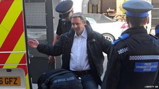 Paul Weston, chairman of the party Liberty GB, being arrested after making a speech quoting from a book by Winston Churchill about Islam in Winchester, Hampshire