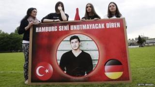 Teammates, friends and relatives gather to remember Diren Dede at his football club, SC Teutonia 1910 in Hamburg, Germany 30 April 2014