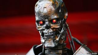 The metallic skull and shoulders of a robot from the movie The Terminator