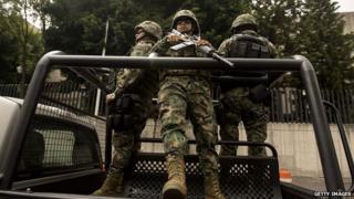 Mexican Navy marines patrol in a truck. File photo