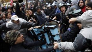 Occupy Wall Street demonstrators clashed with New York City Police inside Zuccotti Park in New York on 17 November 2011