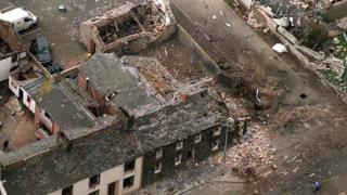 Aerial view of the aftermath of the 1998 bomb attack on Moira police station