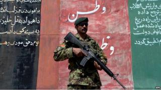 An Afghan National Army soldier on patrol in Herat - 7 April 2014