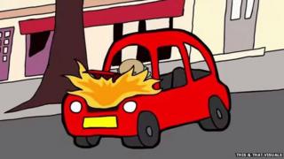 A screenshot from the animated video "The luckiest unlucky man to ever live" by This & That Visuals showing Franke Selak with his car on on fire