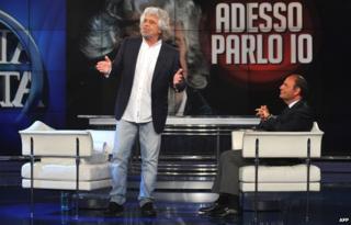 Italian politician Beppe Grillo appearing on the TV chat show hosted by Bruno Vespa on 19 May 2014