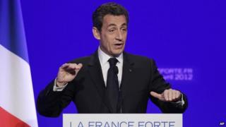 Nicolas Sarkozy speaks to reporters during a press conference as part of his presidential campaign in Paris, in April 2012