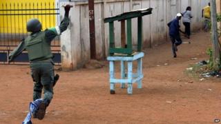 Peacekeepers confront protesters in Bangui. 29 May 2014