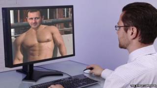 A designer digitally manipulating an image of Assad.