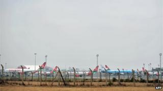 Kenya Airways airliners at Nairobi's Jomo Kenyatta International Airport on 14 August 2009