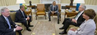 President Barack Obama meets (from left) Senate Minority Leader Mitch McConnell, House Speaker John Boehner, Senate Majority Leader Harry Reid and House Minority Leader Nancy Pelosi in the Oval Office of the White House
