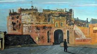 A painting of Edinburgh Castle with a silhouette walking in. It is pastel.