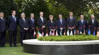 EU leaders during the inauguration of a Peace Bench at the Menin Gate in Ypres, Belgium on on 26 June 2014.