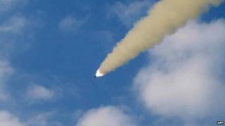 A photo apparently showing a test-firing of a North Korean missile. Photo: June 2014