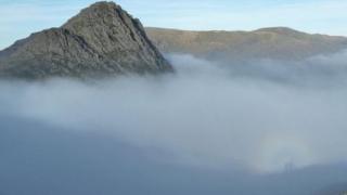 Tryfan peak appearing from cloud, with Brocken image captured