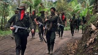 File photo from 27 February, 2000, showing members of the National Liberation Army (ELN) in Sarare, Colombia