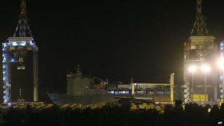 The US cargo vessel MV Cape Ray leaves the Gioia Tauro port, southern Italy, 2 July 2014