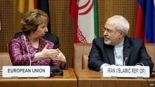 Catherine Margaret Ashton (L) and Iranian Foreign Minister Javad Mohammad Zarif (R) meet during so-called EU 5+1 talks with Iran at the UN headquarters in Vienna, on July 3
