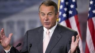 House Speaker John Boehner of Ohio, speaks to reporters on Capitol Hill in Washington 10 July 2014