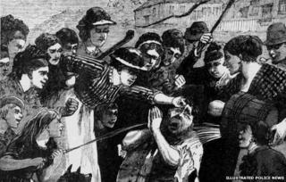 Illustration of altercation between man and townspeople