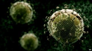 Artwork showing HIV particles