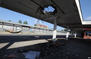 A damaged bus station in Luhansk, Ukraine, 12 July