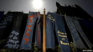 Some jeans hanging on a line at a protest againt rape and sexual assault at the University of California Los Angeles