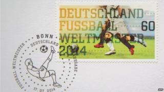 German stamp marking victory in 2014 football World Cup. 14 July 2014