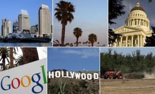 Clockwise from top left: San Diego, palm trees, Sacramento, Fresno farming, Hollywood and Google HQ