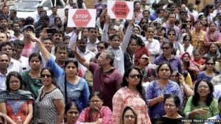 Parents protest outside the school in Bangalore where a six-year-old student was allegedly raped.