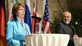 EU foreign policy chief Catherine Ashton and Iran's Foreign Minister Mohammad Javad Zarif at a joint press conference in Vienna - 18 July 2014