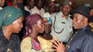 Nigeria's President Goodluck Jonathan visiting the site of Nyanya bomb in Abuja in April