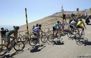 Cyclists upon arrival at Mont Ventoux for the Tour de France in 2009