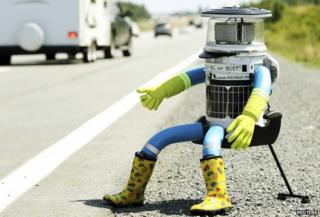 Robot hitch-hiker in Halifax, Nova Scotia